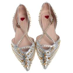 Pre Owned حذاء باليرينا فلات غوتشي يونيا سبايك سير كاحل جلد فضي مقاس 41