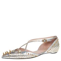 Pre Owned حذاء باليرينا فلات غوتشي يونيا سبايك سير كاحل جلد فضي مقاس 41