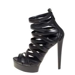 Pre Owned صندل غوتشي ليفورد قفصي نعل سميك جلد أسود مقاس 39