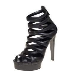 Pre Owned صندل غوتشي ليفورد قفصي نعل سميك جلد أسود مقاس 39