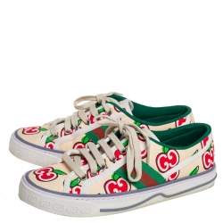 مملوكة مسبقًا Gucci Beige Apple Print Canvas Tennis 1977 Low Top Sneakers Size 37.5