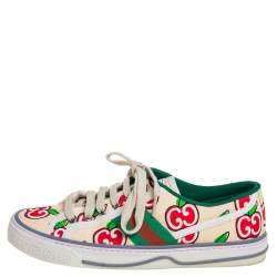 مملوكة مسبقًا Gucci Beige Apple Print Canvas Tennis 1977 Low Top Sneakers Size 37.5