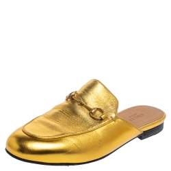 Pre Owned Gucci Metallic Gold Leather Princetown Mule Sandals Size 38