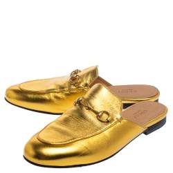 Pre Owned Gucci Metallic Gold Leather Princetown Mule Sandals Size 38