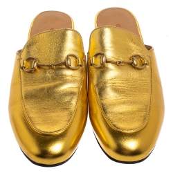 Pre Owned Gucci Metallic Gold Leather Princetown Mule Sandals Size 38