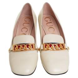 Gucci Cream Leather Sylvie Chain Embellished Pumps Size 38