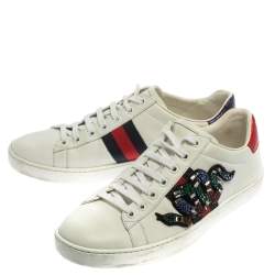 Gucci White Leather Ace Snake Crystal Embellished Low Top Sneakers Size 38.5