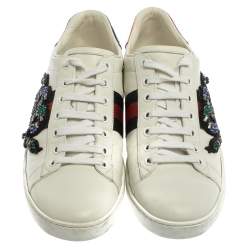 Gucci White Leather Ace Snake Crystal Embellished Low Top Sneakers Size 38.5