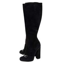 Pre Owned Gucci  Black Suede Horsebit Block Heel Boots Size 38