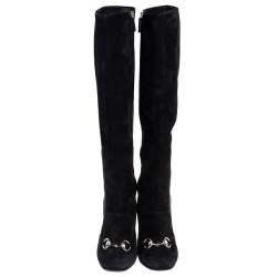 Pre Owned Gucci  Black Suede Horsebit Block Heel Boots Size 38