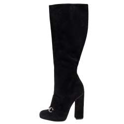 Pre Owned Gucci  Black Suede Horsebit Block Heel Boots Size 38