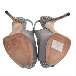 Gucci Grey Satin Crystal Embellished Slingback Sandals Size 38.5
