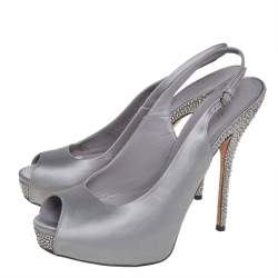 Gucci Grey Satin Crystal Embellished Slingback Sandals Size 38.5