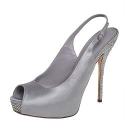 Gucci Grey Satin Crystal Embellished Slingback Sandals Size 38.5