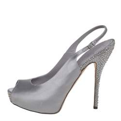 Gucci Grey Satin Crystal Embellished Slingback Sandals Size 38.5