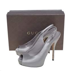 Gucci Grey Satin Crystal Embellished Slingback Sandals Size 38.5