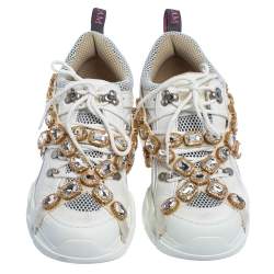 Gucci White Leather And Mesh Flashtrek Removable Crystals Sneaker Size 40 