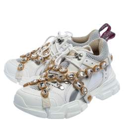 Gucci White Leather And Mesh Flashtrek Removable Crystals Sneaker Size 40 