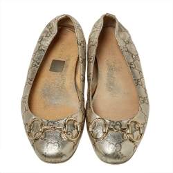 Pre Owned Gucci Metallic Gold Guccissima Leather Horsebit Ballet Flats Size 38