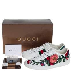 Pre Owned Gucci White Floral Embroidered Leather Ace Low Top Sneakers Size 36