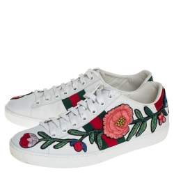 Pre Owned Gucci White Floral Embroidered Leather Ace Low Top Sneakers Size 36