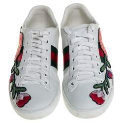Pre Owned Gucci White Floral Embroidered Leather Ace Low Top Sneakers Size 36