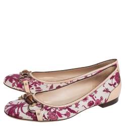 Pre Owned Gucci Beige/Red Flora Canvas And Leather Bamboo Bit Ballet Flats Size 41