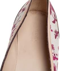 Pre Owned Gucci Beige/Red Flora Canvas And Leather Bamboo Bit Ballet Flats Size 41