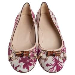 Pre Owned Gucci Beige/Red Flora Canvas And Leather Bamboo Bit Ballet Flats Size 41