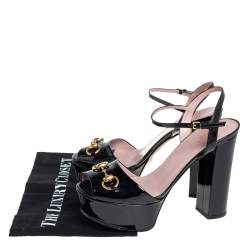Pre Owned Gucci Black Patent Leather  Horsebit Peep Toe Platform Sandals Size 38.5