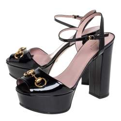 Pre Owned Gucci Black Patent Leather  Horsebit Peep Toe Platform Sandals Size 38.5