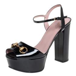 Pre Owned Gucci Black Patent Leather  Horsebit Peep Toe Platform Sandals Size 38.5