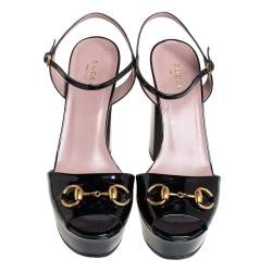 Pre Owned Gucci Black Patent Leather  Horsebit Peep Toe Platform Sandals Size 38.5