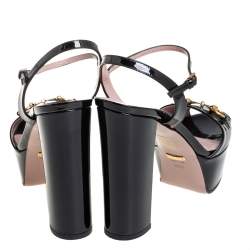 Pre Owned Gucci Black Patent Leather  Horsebit Peep Toe Platform Sandals Size 38.5