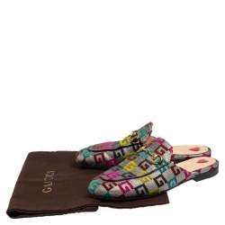 مملوكة مسبقًا Gucci Silver Fabric Embroidered G Princetown Mule Flats Size 38