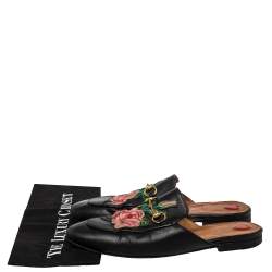مملوكة مسبقًا Gucci Black Leather Rose Embroidered Princetown Flat Mules Size 40