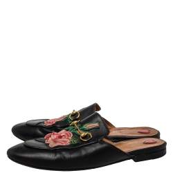 مملوكة مسبقًا Gucci Black Leather Rose Embroidered Princetown Flat Mules Size 40