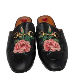 مملوكة مسبقًا Gucci Black Leather Rose Embroidered Princetown Flat Mules Size 40