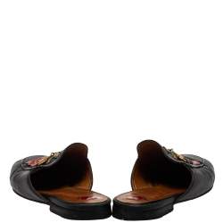 مملوكة مسبقًا Gucci Black Leather Rose Embroidered Princetown Flat Mules Size 40