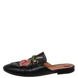 مملوكة مسبقًا Gucci Black Leather Rose Embroidered Princetown Flat Mules Size 40
