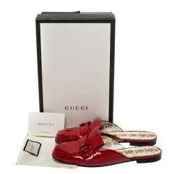 Pre Owned Gucci Red Patent Leather GG Marmont Fringe Mules Size 39.5