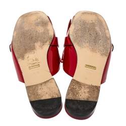 Pre Owned Gucci Red Patent Leather GG Marmont Fringe Mules Size 39.5
