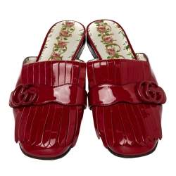 Pre Owned Gucci Red Patent Leather GG Marmont Fringe Mules Size 39.5
