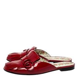 Pre Owned Gucci Red Patent Leather GG Marmont Fringe Mules Size 39.5