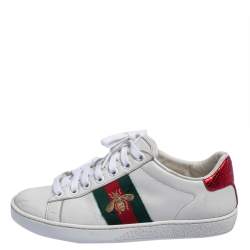 مملوكة مسبقًا Gucci White Leather Embroidered Bee Ace Low Top Sneakers Size 34