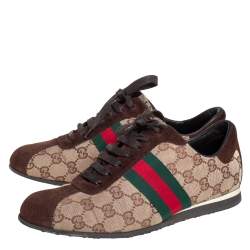 Pre Owned حذاء رياضى غوتشى منخفض من أعلى ويب كلاسيك كانفاس جى جى وسويدى بيج / بنى مقاس 38.5