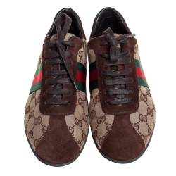 Pre Owned حذاء رياضى غوتشى منخفض من أعلى ويب كلاسيك كانفاس جى جى وسويدى بيج / بنى مقاس 38.5