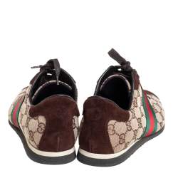 Pre Owned حذاء رياضى غوتشى منخفض من أعلى ويب كلاسيك كانفاس جى جى وسويدى بيج / بنى مقاس 38.5