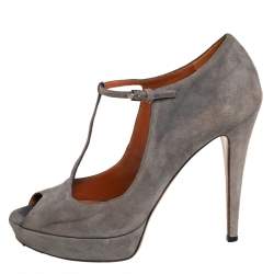 Gucci Grey Suede Platform Peep Toe Ankle Strap Sandals  Size 39