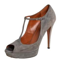 Gucci Grey Suede Platform Peep Toe Ankle Strap Sandals  Size 39